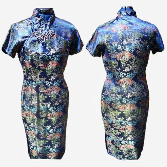 Vintage Peony Brand Shanghai Blue Rayon Cheongsam Dress with Side Slit Size 36 - Picture 1 of 12